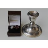 A SMALL HALLMARKED SILVER DWARF CANDLESTICK, bearing Birmingham hallmarks, H 8 cm, together with a