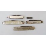 A SMALL GROUP OF POCKET KNIVES, to include a silver and mother of pearl example and a miniature