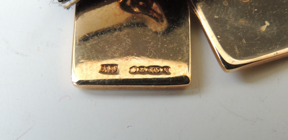 A PAIR OF 9 CT GOLD CUFFLINKS WITH ROLLS ROYCE 'RR' BADGES, of slab form with chain link joints - Image 2 of 2