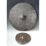 A SMALL CIRCULAR INDO PERSIAN STEEL SHIELD, with studded decoration, D 22 cm, along with a