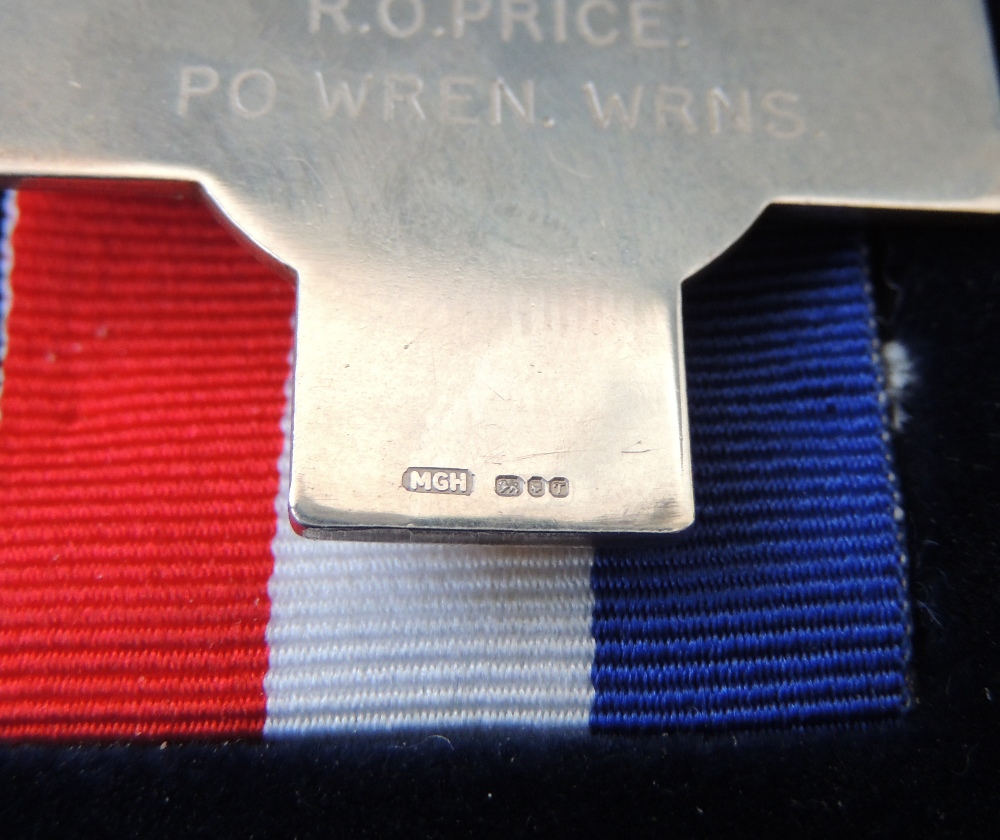 A BOXED HALLMARKED SILVER 'GENERAL SERVICE CROSS' named to the reverse '114390 R.O. Price PO Wren - Image 3 of 3