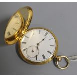 A YELLOW METAL (STAMPED 18K) KEY WIND HALF SIZED FULL HUNTER POCKET WATCH, white enamel dial with