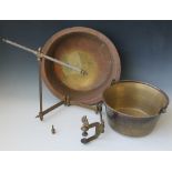 A 19TH CENTURY BRASS FOLDING SCREEN STAND, H 39 cm, together with an early English copper bowl and a