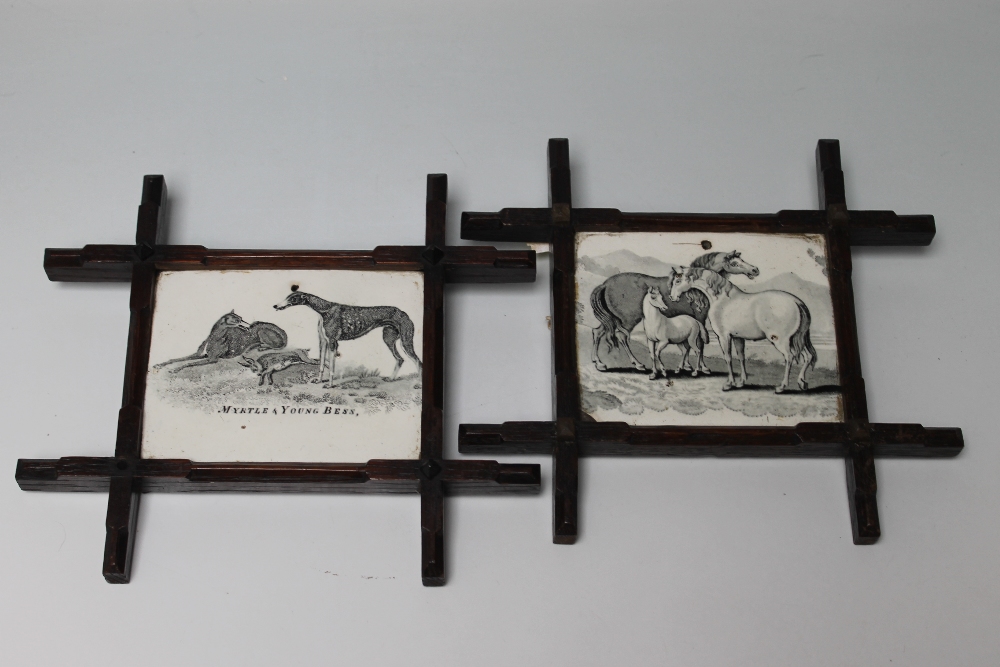 A PAIR OF EARLY ENGLISH CERAMIC PLAQUES, depicting horses and dogs, one plaque titled 'Myrtle &