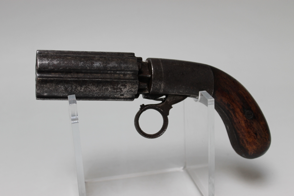 AN ANTIQUE 6 SHOT PEPPERBOX REVOLVER, with 3" long 10 mm barrels, maker's detail unclear, working - Image 2 of 4