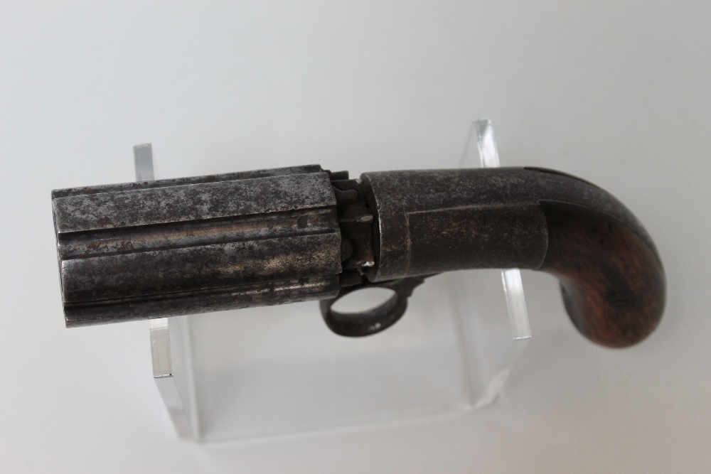 AN ANTIQUE 6 SHOT PEPPERBOX REVOLVER, with 3" long 10 mm barrels, maker's detail unclear, working - Image 3 of 4