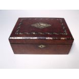 A VICTORIAN WOODEN JEWELLERY BOX WITH INLAID DECORATION, fitted interior with hinged lid, the lid