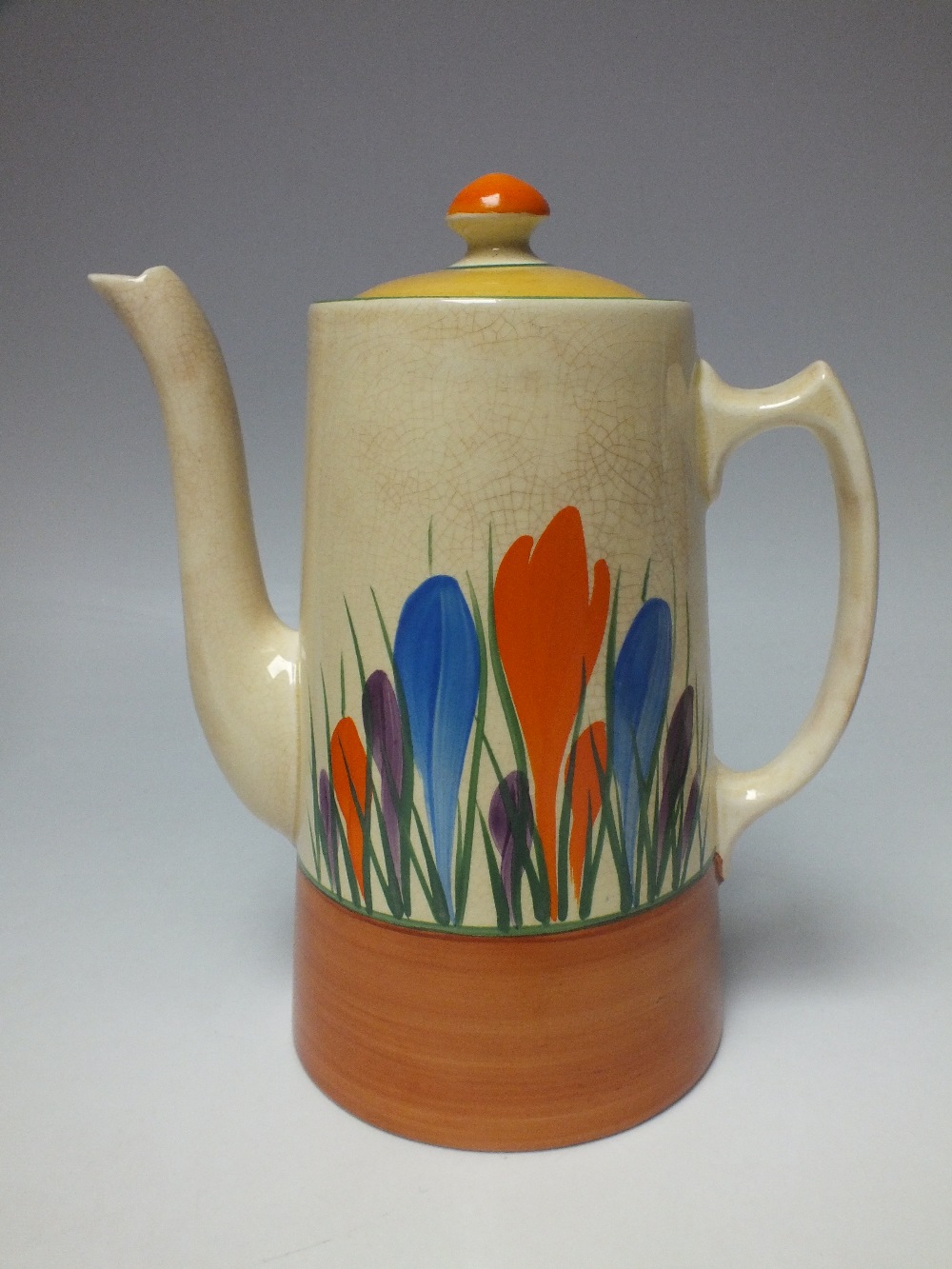 A CLARICE CLIFF 'CROCUS PATTERN' COFFEE POT, cream ground with hand painted decoration, painted - Image 2 of 3