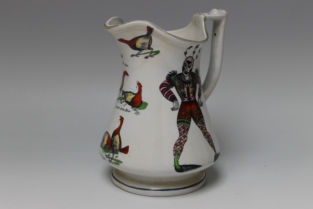 A VICTORIAN ELSMORE & FORSTER HARLEQUIN AND COCK FIGHTING PUZZLE JUG, decorated with two Harlequin - Image 2 of 3