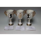 A SET OF THREE COALPORT LIMITED EDITION TWIN HANDLED SILVER JUBILEE LOVING CUPS, with