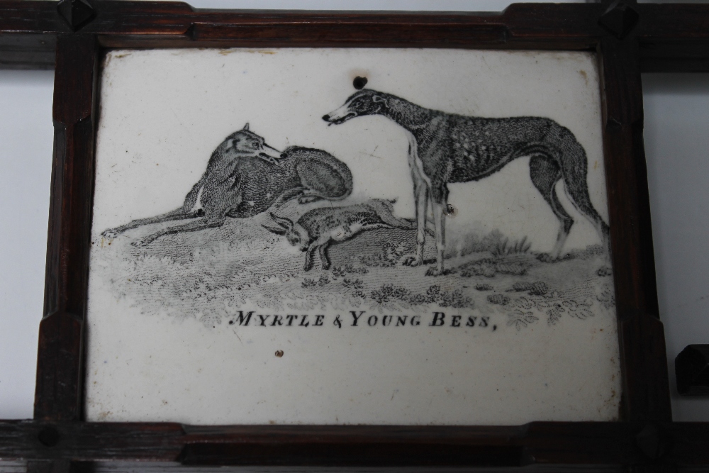 A PAIR OF EARLY ENGLISH CERAMIC PLAQUES, depicting horses and dogs, one plaque titled 'Myrtle & - Image 3 of 4