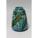 A MINTON LTD SECESSIONIST VASE No 5, turquoise ground with tubelined decoration, H 10.5 cm