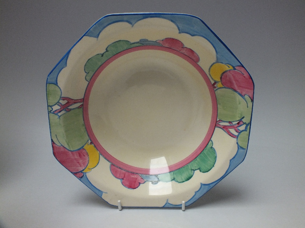 A CLARICE CLIFF 'PASTEL AUTUMN' OCTAGONAL BOWL, cream ground with hand painted banded decoration,