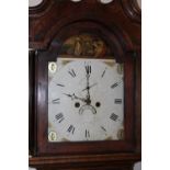 AN OAK AND MAHOGANY EIGHT DAY LONGCASE CLOCK, the arched painted dial with eight day movement,