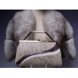 A LADIES VINTAGE SILVER FOX FUR BOLERO JACKET / SHRUG, contrasting grey suede leather panels to