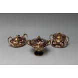 THREE PIECES OF ROYAL CROWN DERBY TO INCLUDE A LIDDED TWIN HANDLED URN DATED 1916, a twin handled