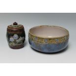 A DOULTON LAMBETH POTTERY TOBACCO JAR AND COVER, with Art Nouveau style decoration, impressed