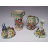 TWO ART DECO TUSCAN CHINA PLANT ORNAMENTS 'GARDEN PATH' AND 'BIRD BATH', together with a Newport
