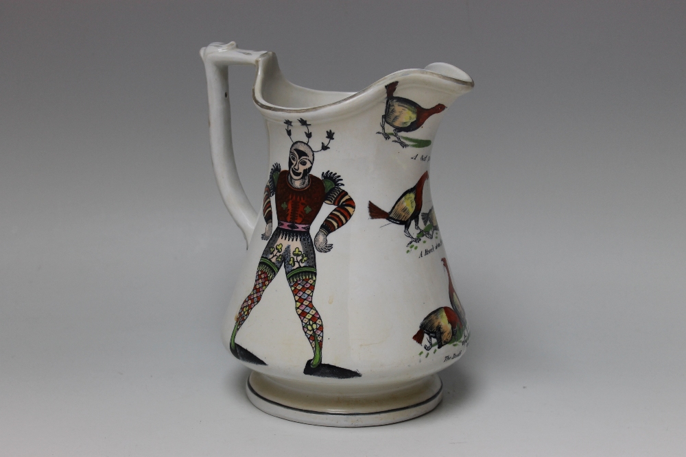 A VICTORIAN ELSMORE & FORSTER HARLEQUIN AND COCK FIGHTING PUZZLE JUG, decorated with two Harlequin