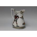 A VICTORIAN ELSMORE & FORSTER HARLEQUIN AND COCK FIGHTING PUZZLE JUG, decorated with two Harlequin