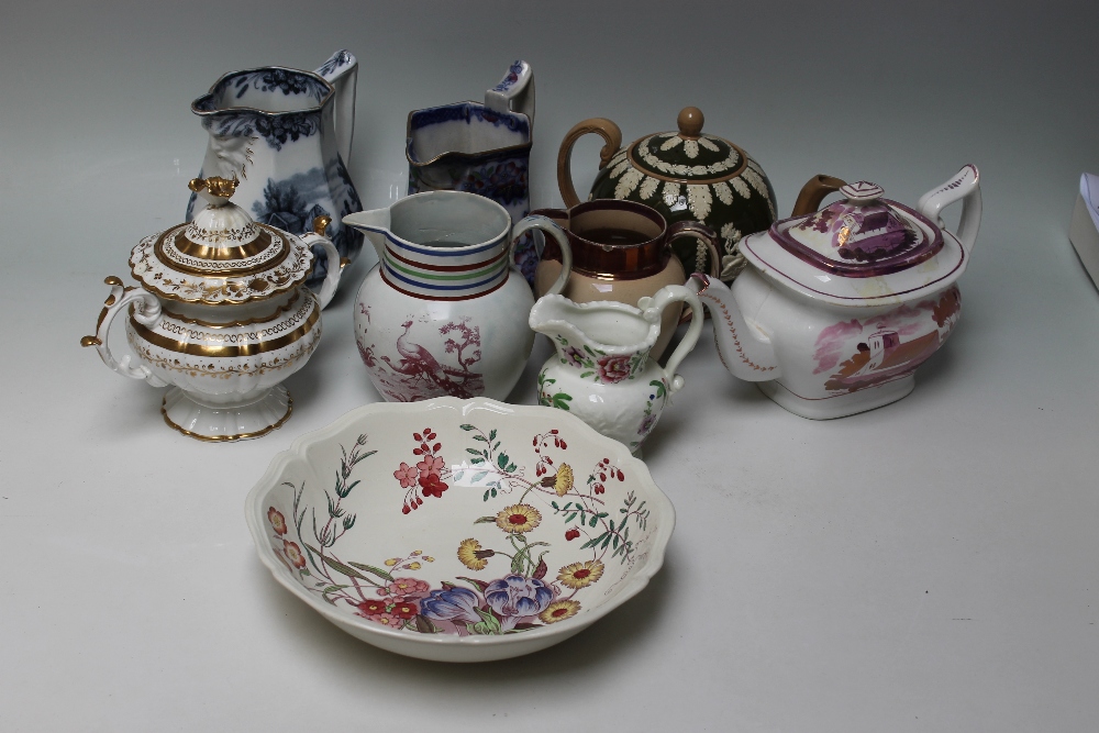 A COLLECTION OF VICTORIAN CERAMICS TO INCLUDE A LUSTRE PEACOCK JUG ETC Buyers - for shipping pricing