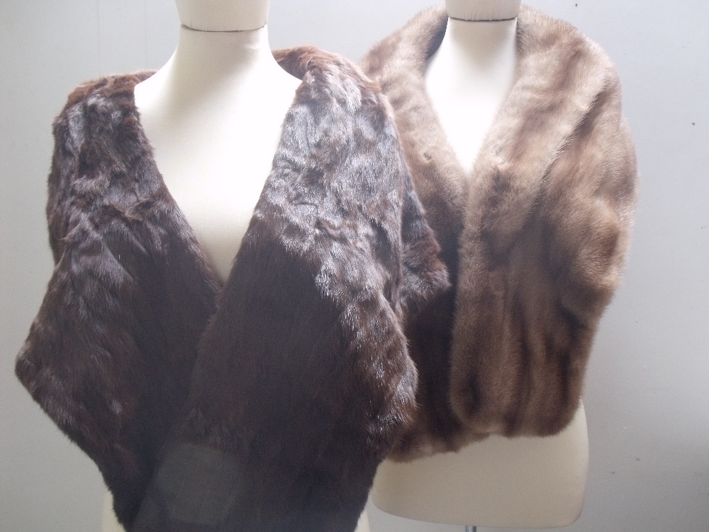 TWO VINTAGE REAL FUR STOLES, comprising a pastel mink fur stole, and a rich mahogany brown fur