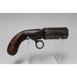 AN ANTIQUE 6 SHOT PEPPERBOX REVOLVER, with 3" long 10 mm barrels, maker's detail unclear, working