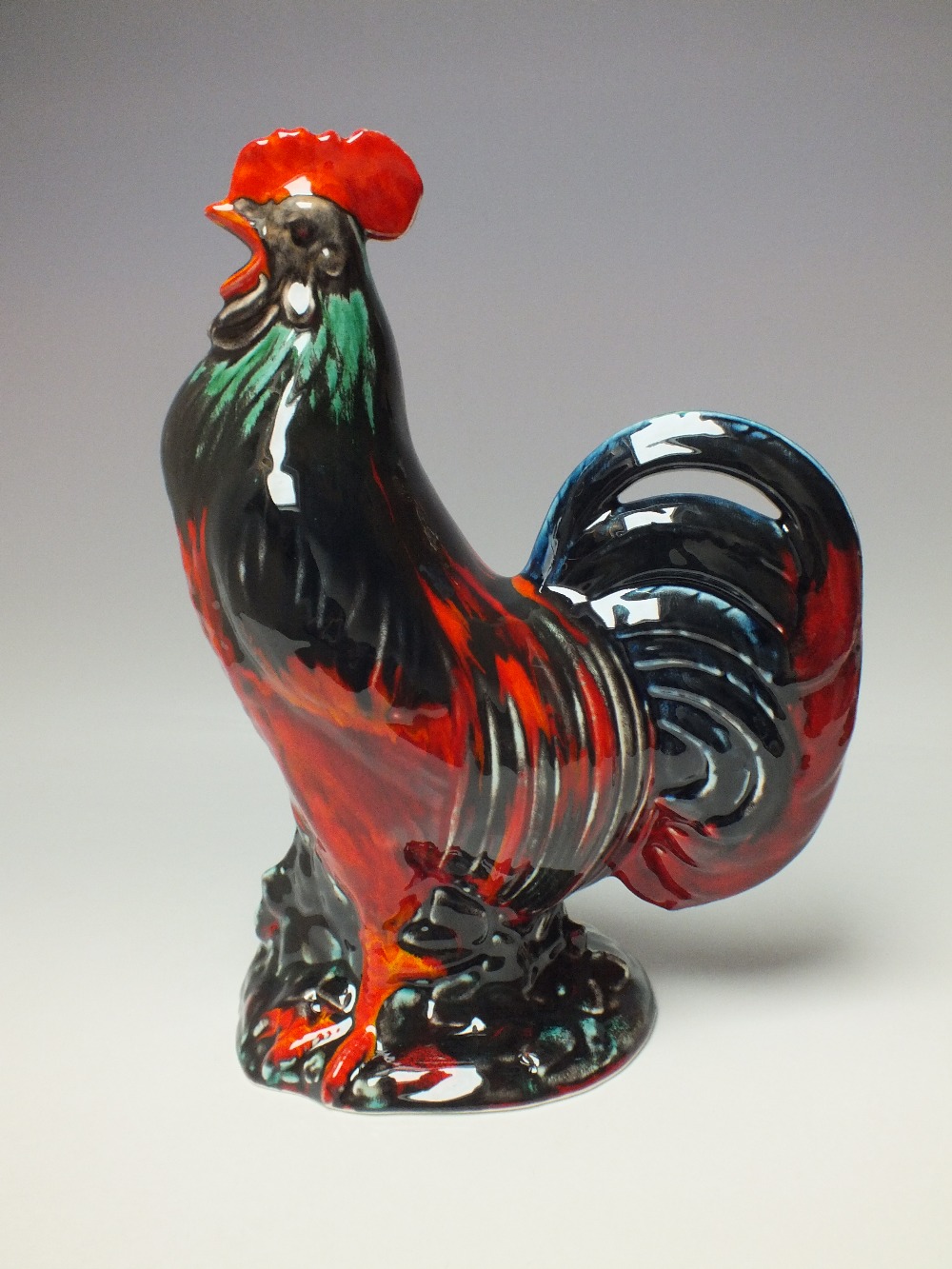 ANITA HARRIS STUDIO POTTERY LARGE COCKEREL FIGURE, painted with red, orange, blue and green - Image 2 of 3