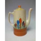 A CLARICE CLIFF 'CROCUS PATTERN' COFFEE POT, cream ground with hand painted decoration, painted