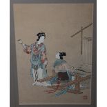 A JAPANESE FRAMED PRINT DEPICTING GEISHA, 29 x 20 cm, together with another similar winter scene, 24