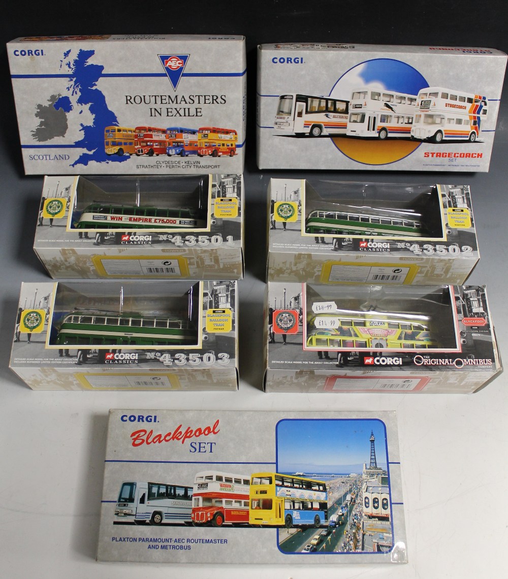 A COLLECTION OF BOXED CORGI BUSES, to include a Blackpool Balloon tram and others relating to