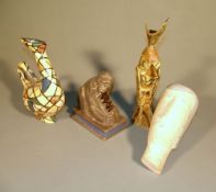 4 Teile Keramik, Unikate  20er-50er Jahre, Affe als Buchstütze, Wandmaske nach Lehmbruck,
