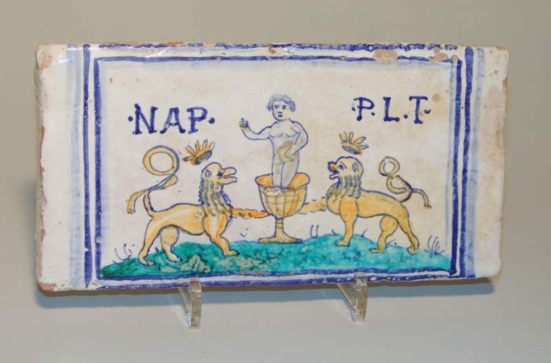 Ofenplatte, Ziegel, Italienrechteckige Platte mit biblischer Darstellung, Muffelfarben mit
