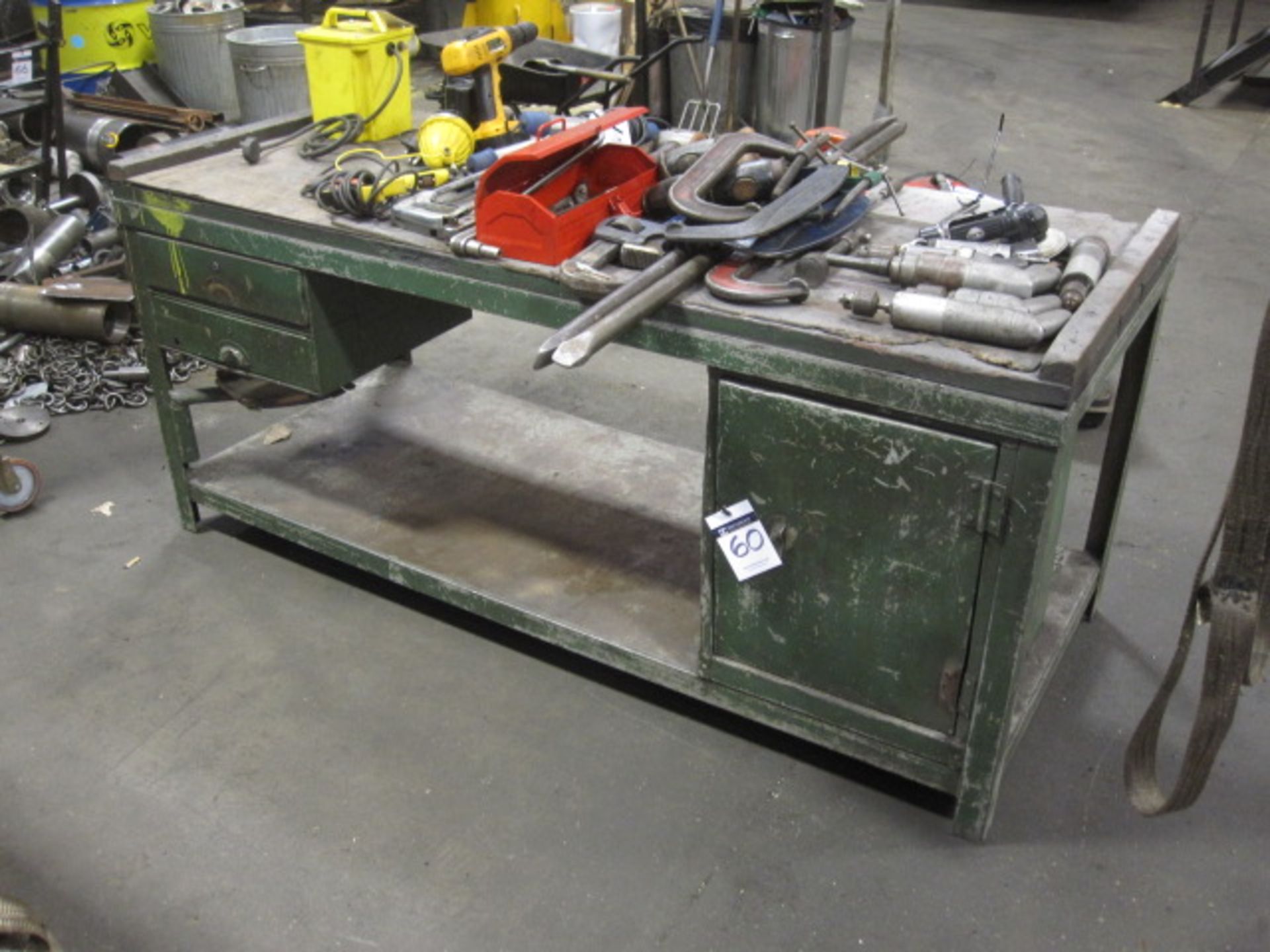 Steel workbench with two drawers and cupboard storage