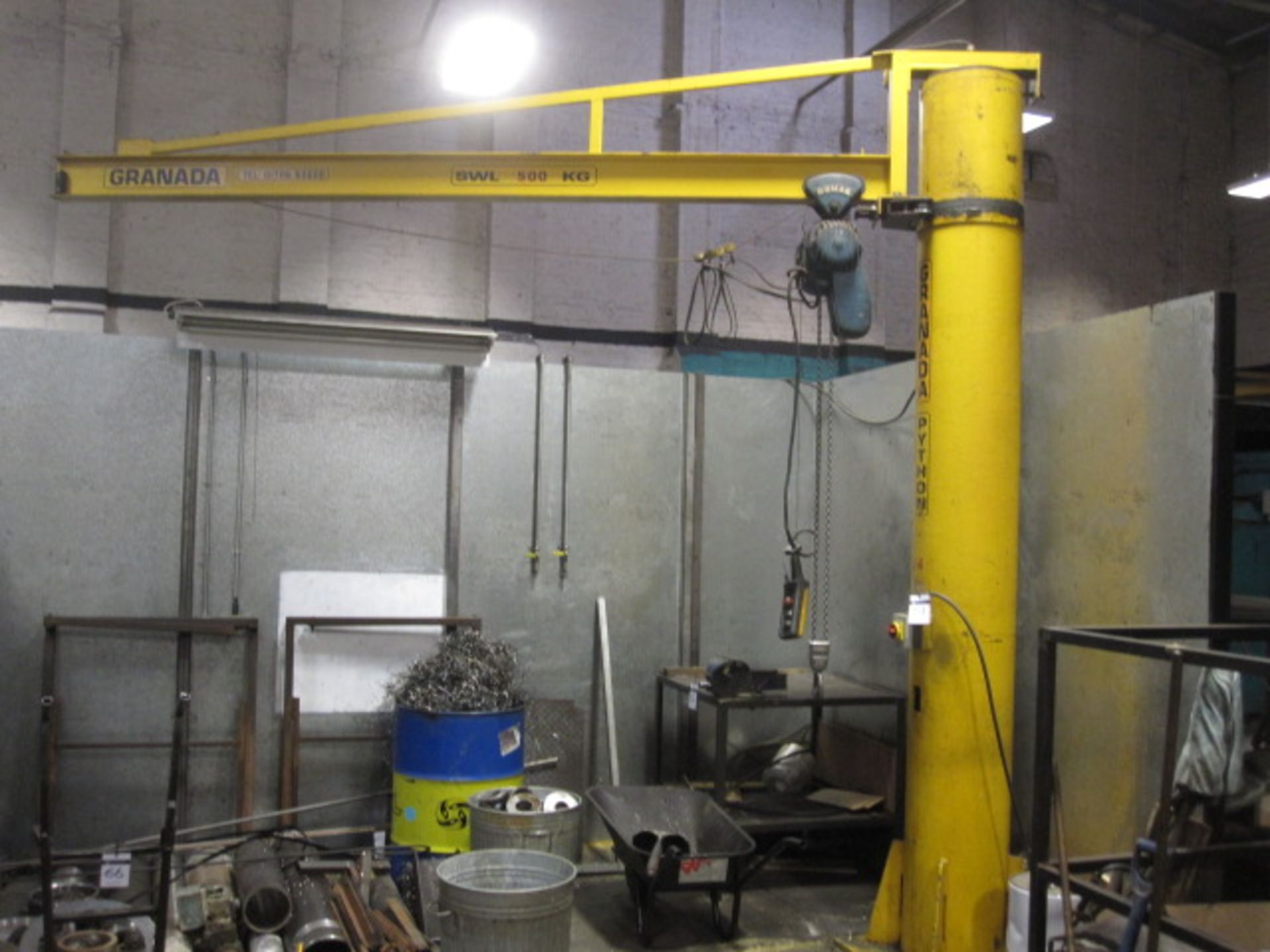 GRANADA PYTHON 500kg SWL swing jib crane with DEMAG pendant controlled electric chain block.