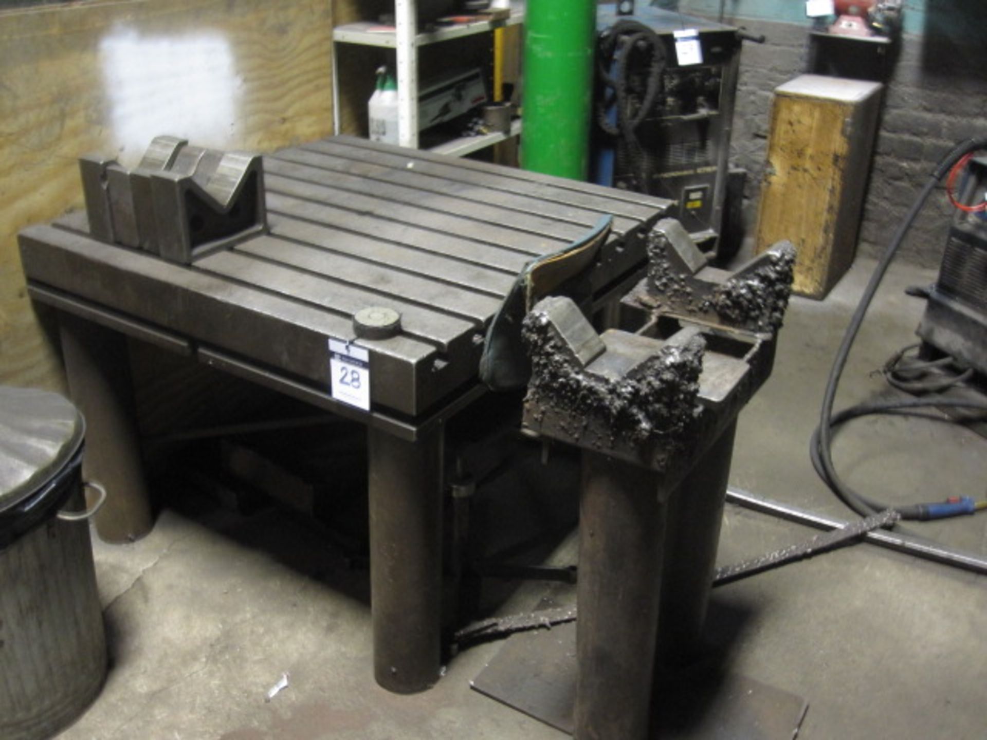 Cast iron T slot work table, four V blocks and fabricated workstand as lotted