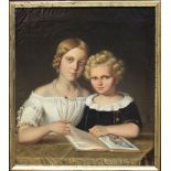 Biedermeier-Maler (um 1848)Mutter mit Kind beim Lesen. Öl/Lwd. (rest., Altersspuren), re. u.