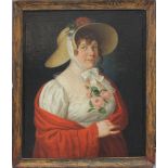 Biedermeier-Portraitist (2. Drittel 19. Jh.)Dame mit Hut  im Brustportrait. Öl/Lwd. (rest., 1