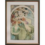 Mucha, Alphonse (1860 Eibenschütz-Prag 1939) att.Mädchen mit Blumen. Mischtechnik/Papier (