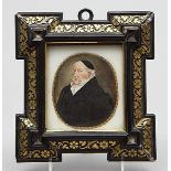 Biedermeier-Miniaturist (19. Jh.).Mann im Halbportrait. Mischtechnik auf Milchglasscheibe,