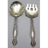 Jugendstil-Salatbesteck.925/000 Sterlingsilber, 205 g. Florales Reliefdekor, Griffenden mit