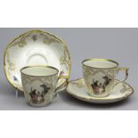 9 kleine Kaffeetassen mit Untertassen, Rosenthal,"Sanssouci". Elfenbeinfarben. Polychromes Dekor "