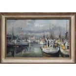 Nitschke, Detlef (geb.1935 Berlin)Blick in den Hafen mit Kuttern. Öl/Holz, re. u. sign. Ca. 41x 66