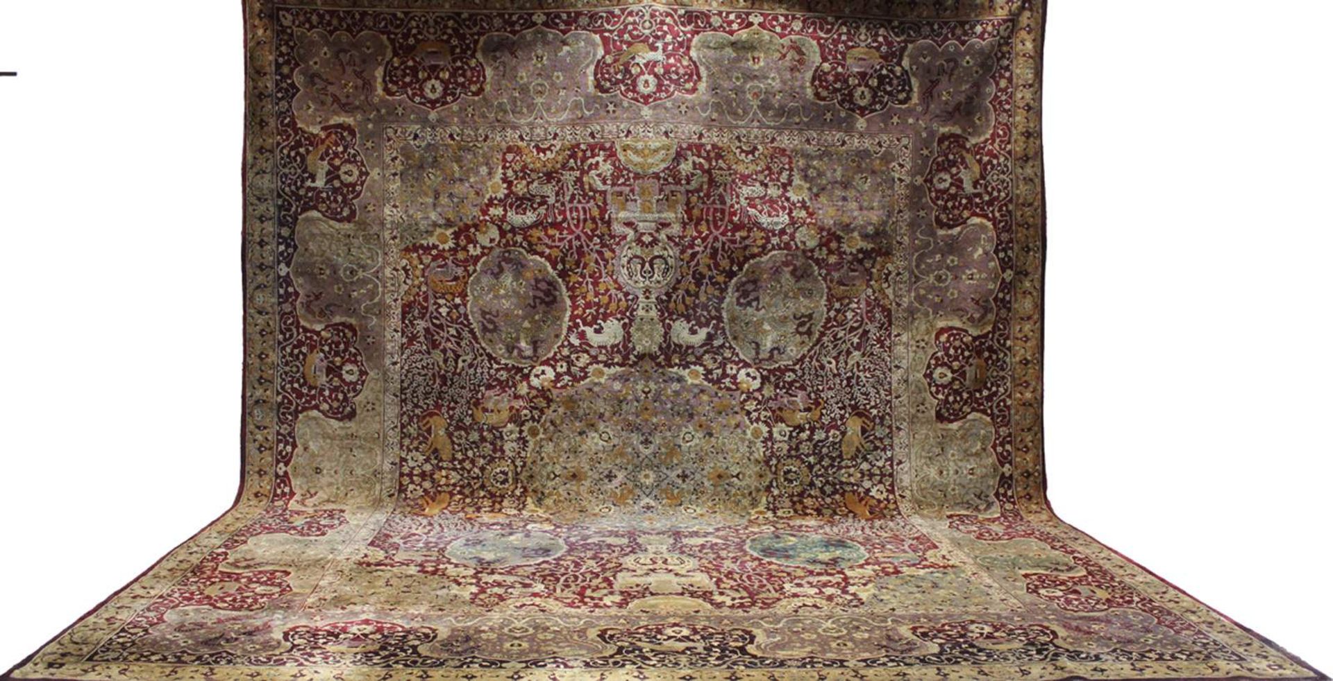 Kerman (19. Jh.), nach den Sanguszko-Teppichen, Korkwolle, ca. 386x 311 cm.EHZ altersbedingt 4.