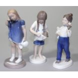 Drei Skulpturen, Bing & Gröndahl.Mädchen mit verschütteter Milch, Mädchen mit junger Katze und