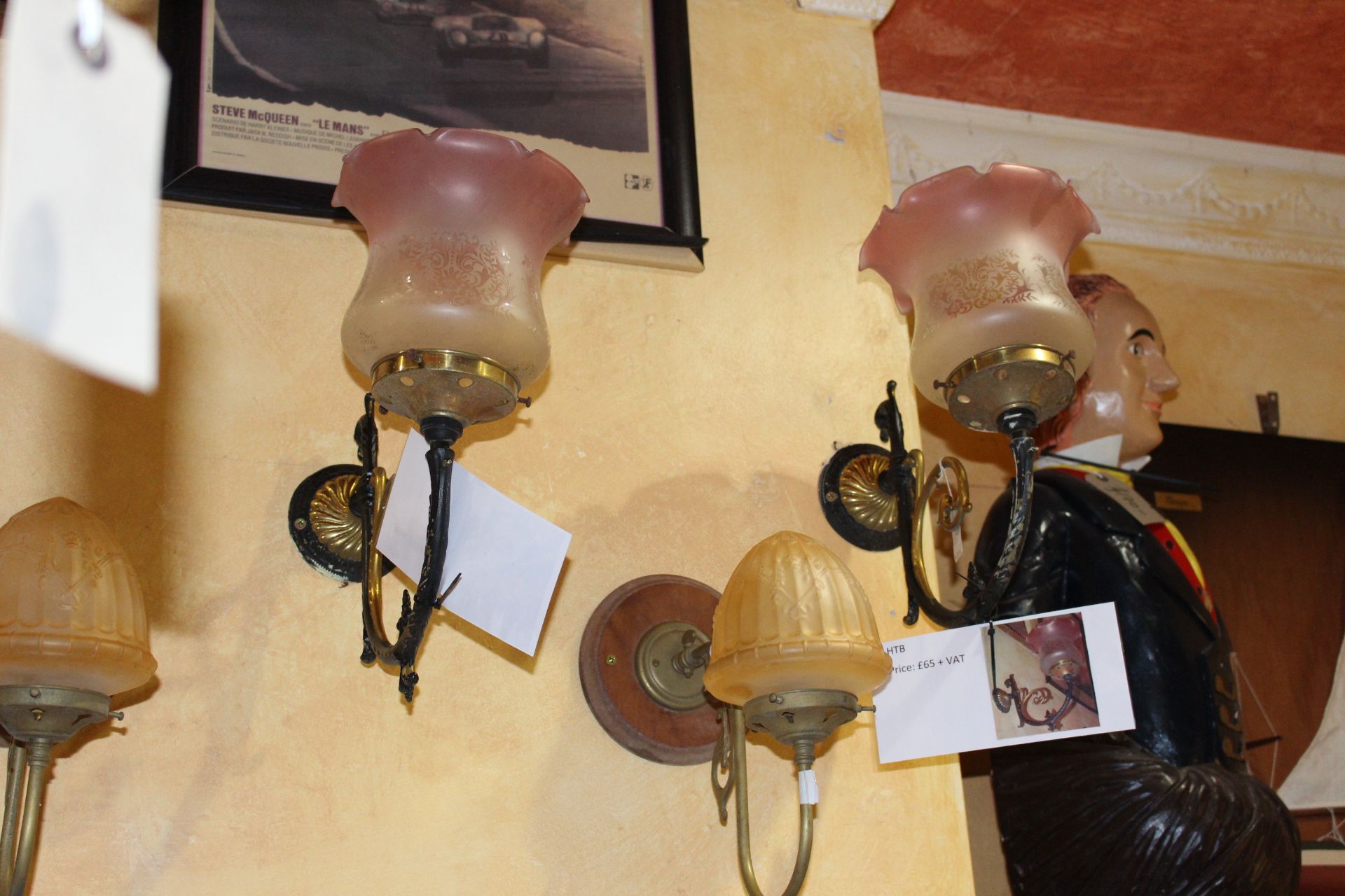 Pair of brass vintage ruby wall light with shades