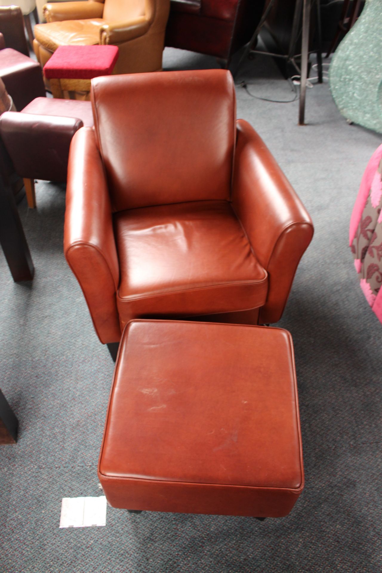 Brown leather gentleman armchair with foot stool - Image 2 of 3