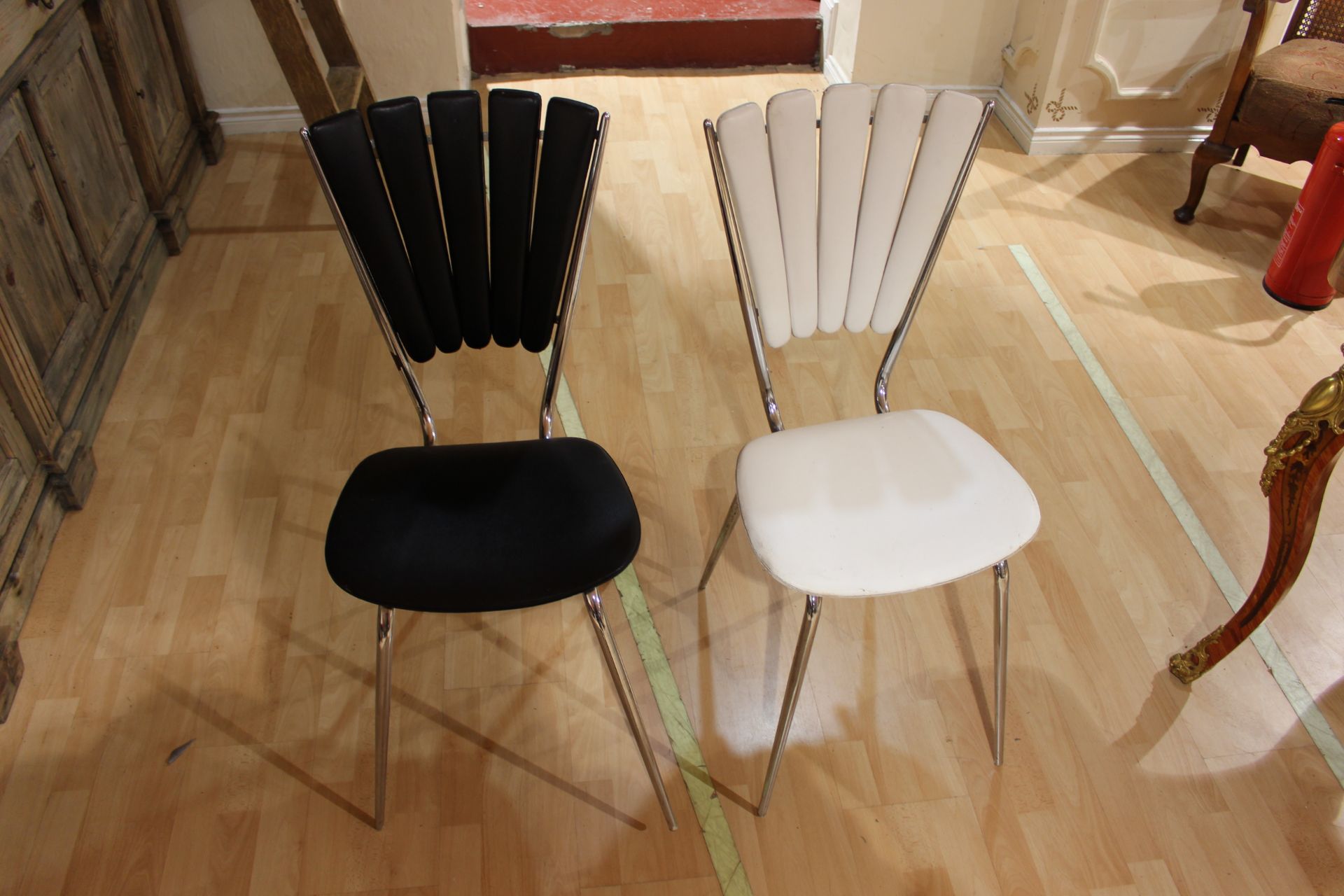 pair vintage stlye chrome black & white with sun burst back chairs             H:89CM