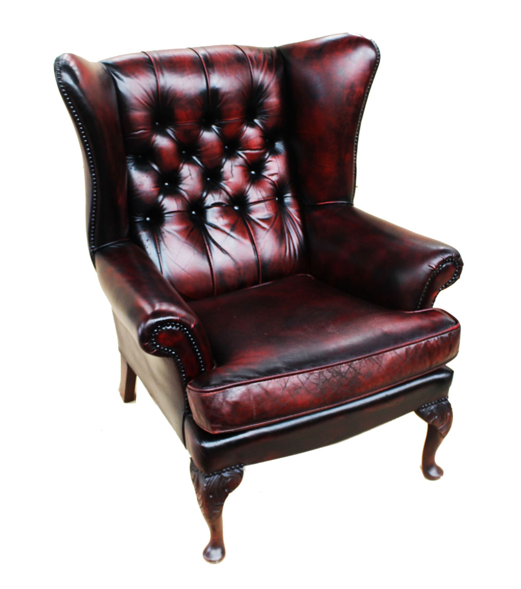 Red Leather Buttoned queen Ann Wingback Chair H:103CM W:91 D:73CM