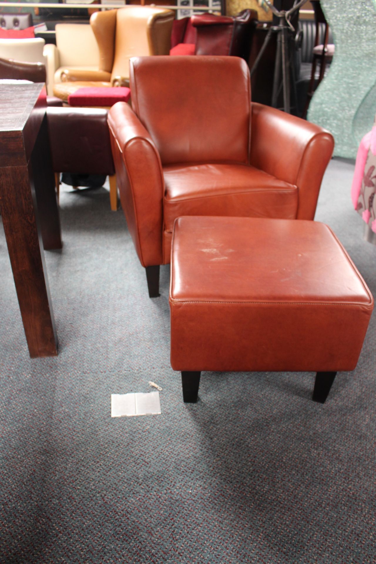 Brown leather gentleman armchair with foot stool - Image 3 of 3